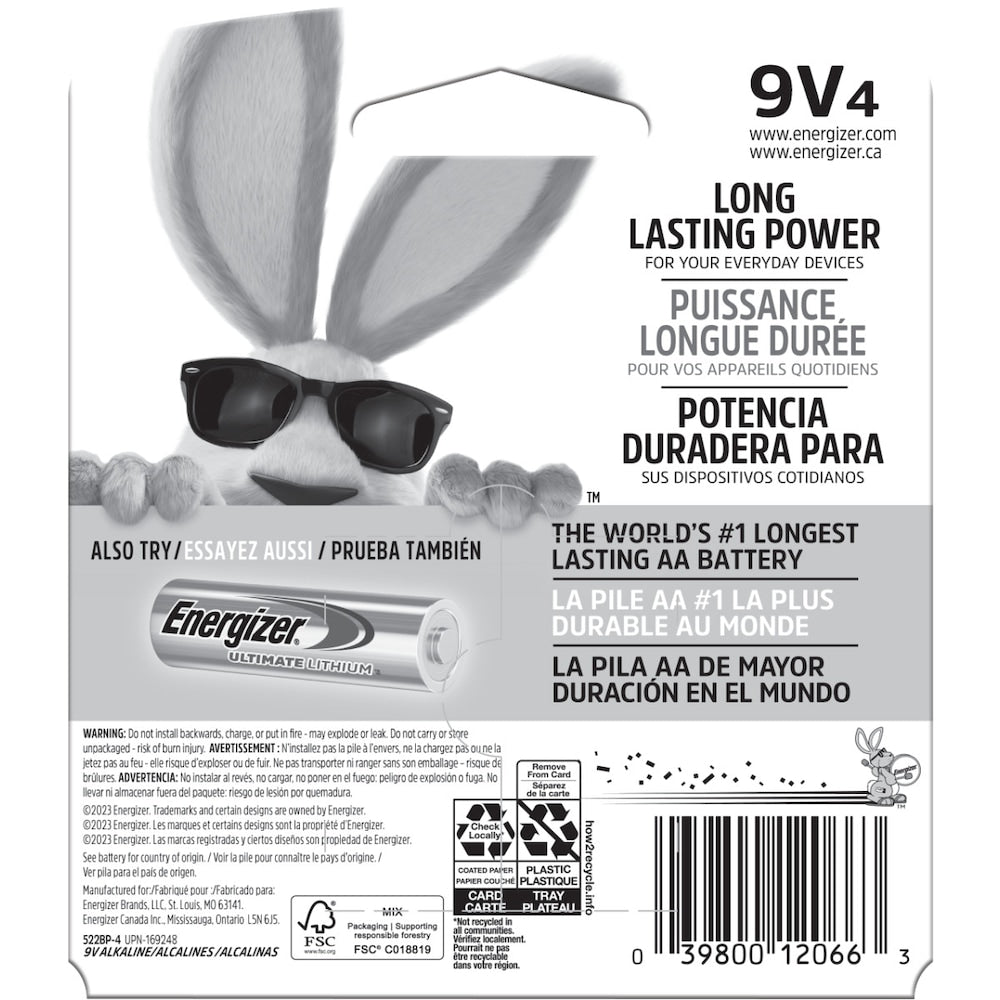 Piles Energizer MAX 9 V (lot de 4), piles alcalines 9 volts
