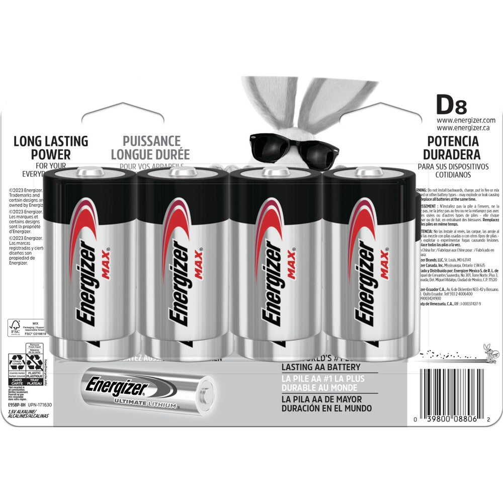Piles Energizer MAX D (paquet de 8), piles alcalines D