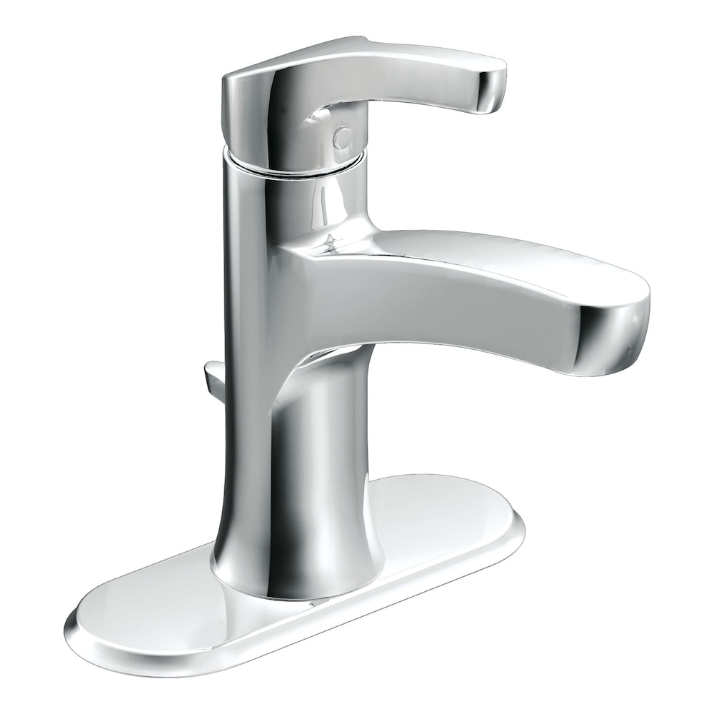 Robinet de lavabo de salle de bain à poignée unique Danika de 4 pouces avec plaque de pont en chrome (vidange et valve incluses)