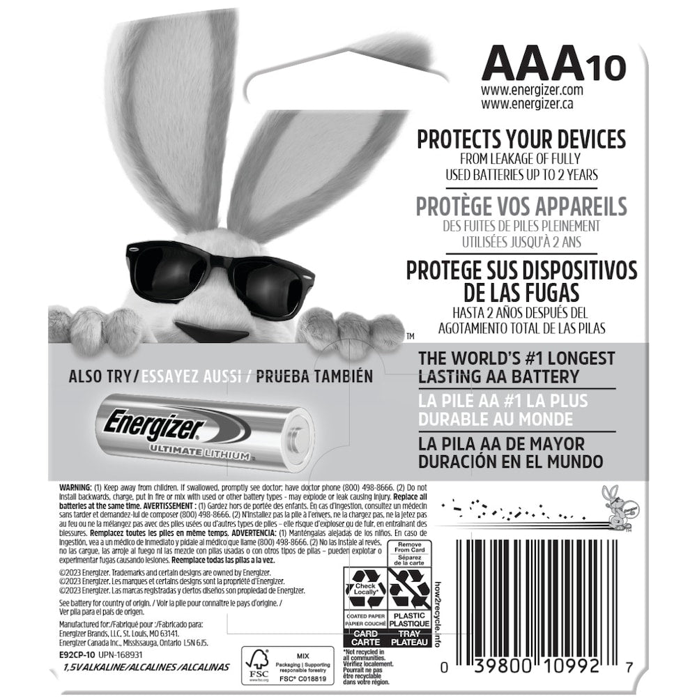 Piles AAA Energizer MAX (paquet de 10), piles alcalines triple A