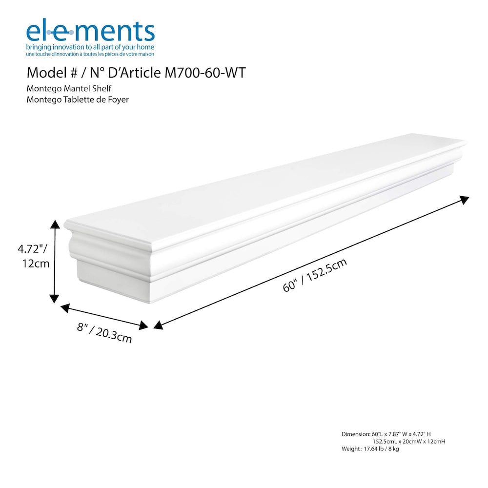 Étagère de cheminée transitionnelle Montego de 60 pouces en blanc brillant