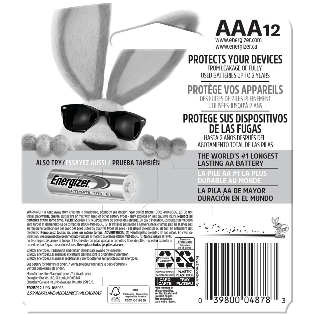 Piles AAA Energizer MAX (paquet de 12), piles alcalines triple A