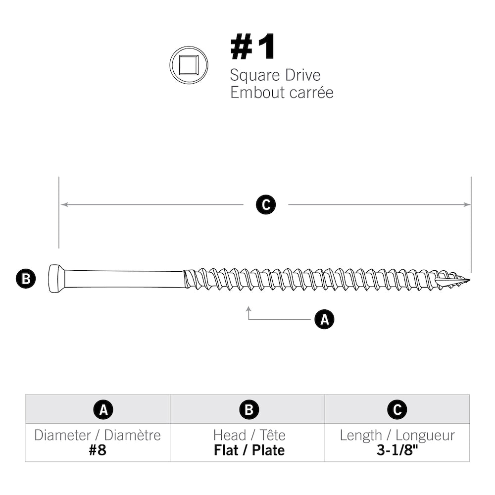 Entraînement carré n° 8 x 3-1/8 pouces, vis à tête Trim(TM) - 100 pièces