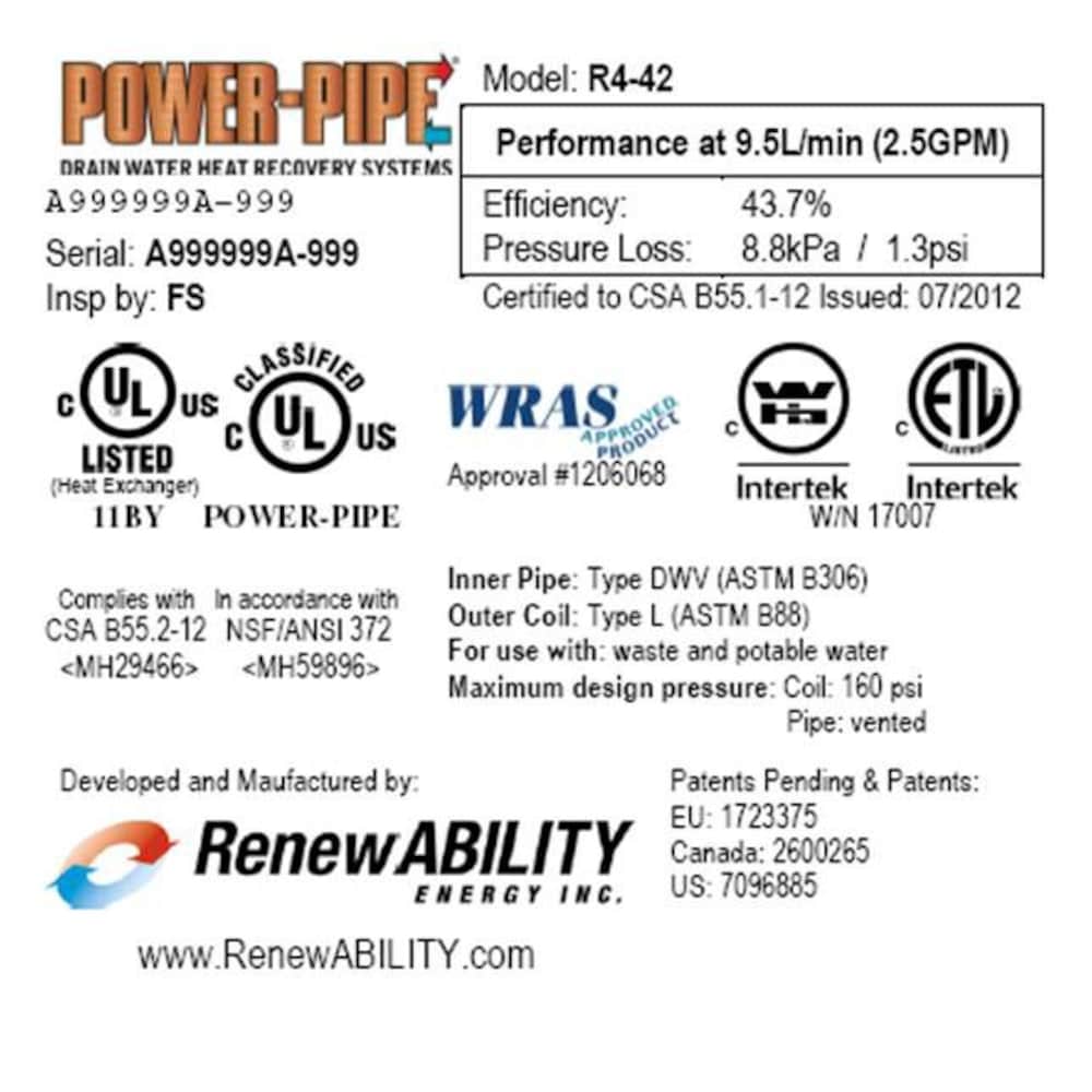 R4-42 Drain Water Heat Recovery Unit