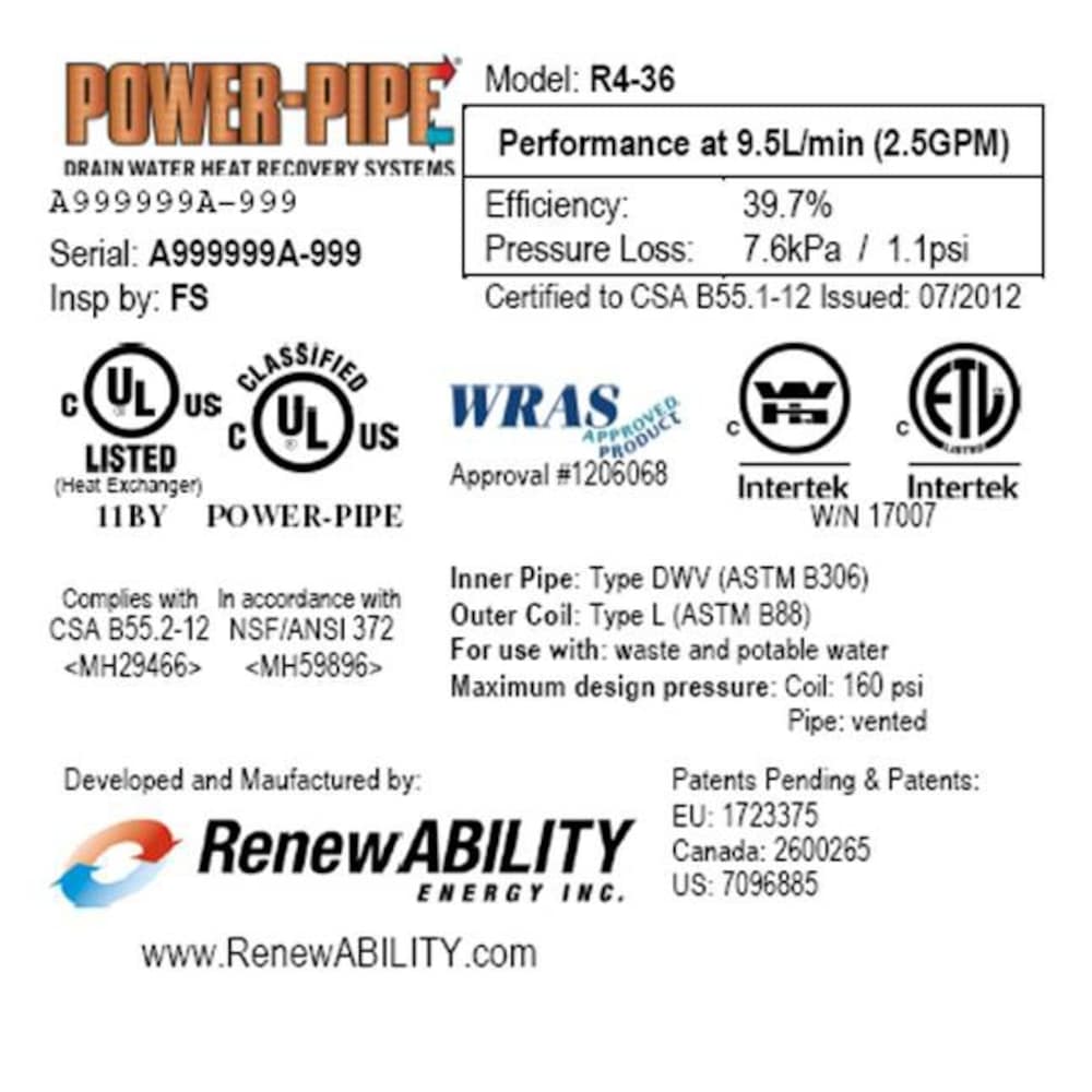 R4-36 Drain Water Heat Recovery Unit