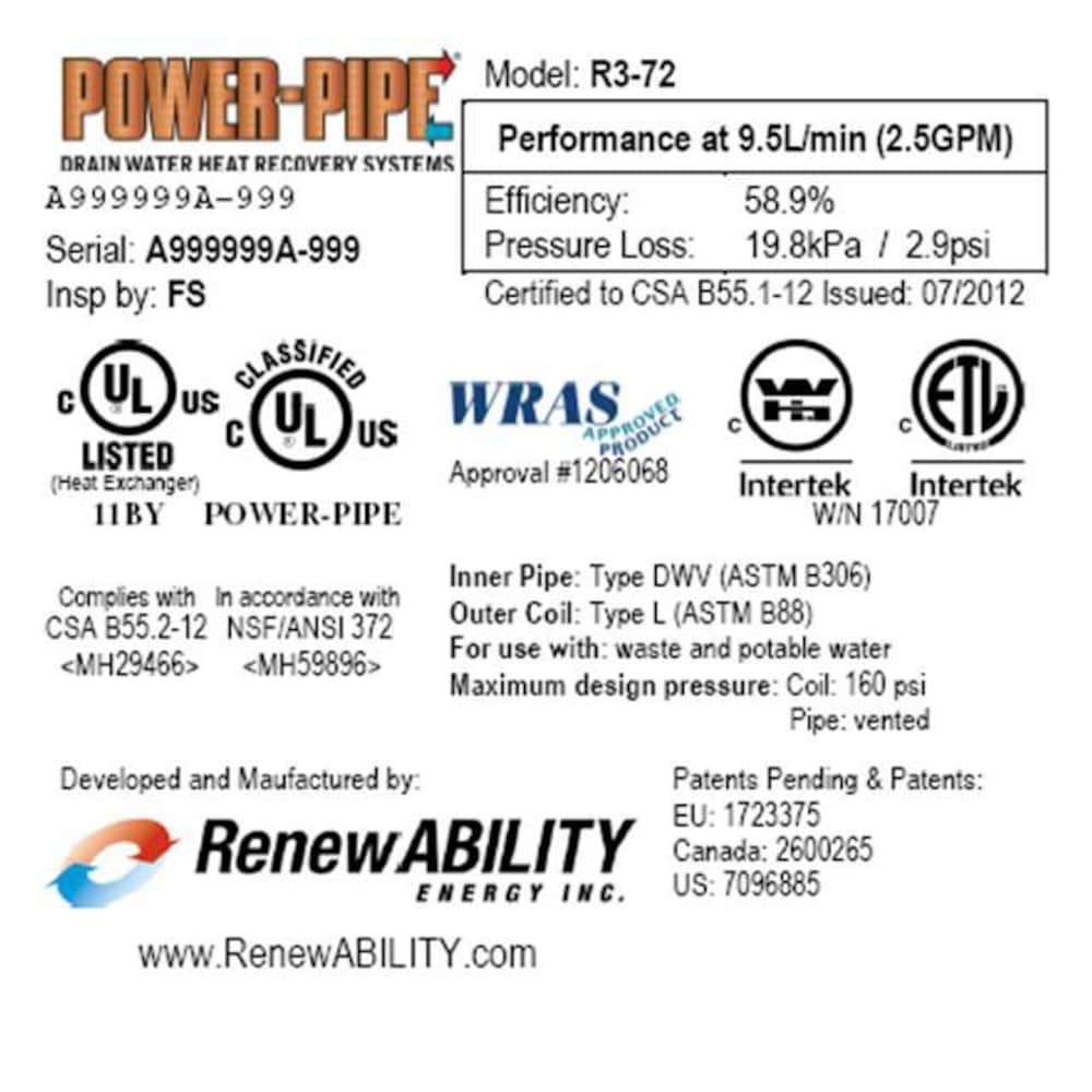R3-72 Drain Water Heat Recovery Unit
