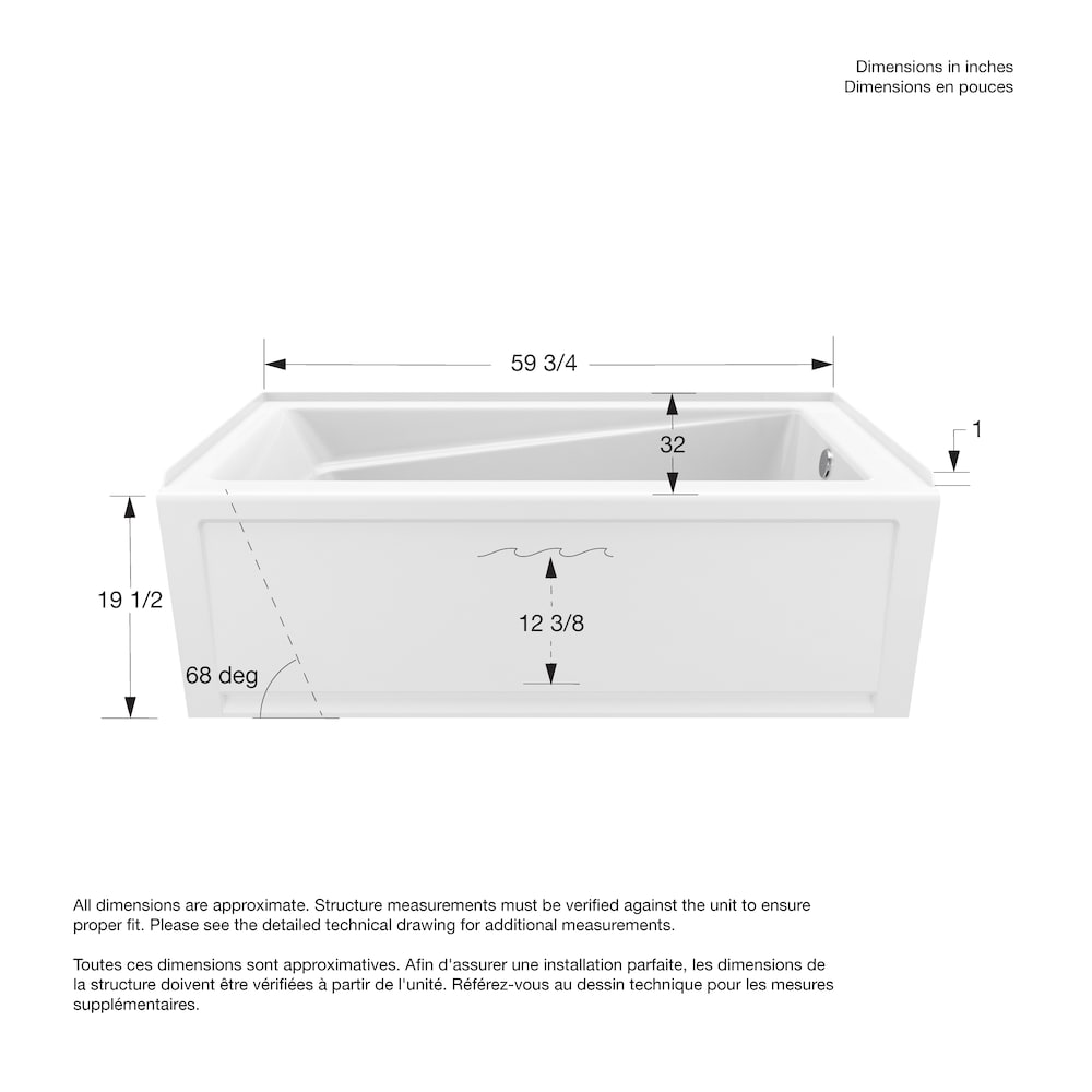 Baignoire en alcôve rectangulaire en acrylique New Town IFS 60L x 32W x 20H, drain à droite, en blanc avec bain à remous 10 microjets