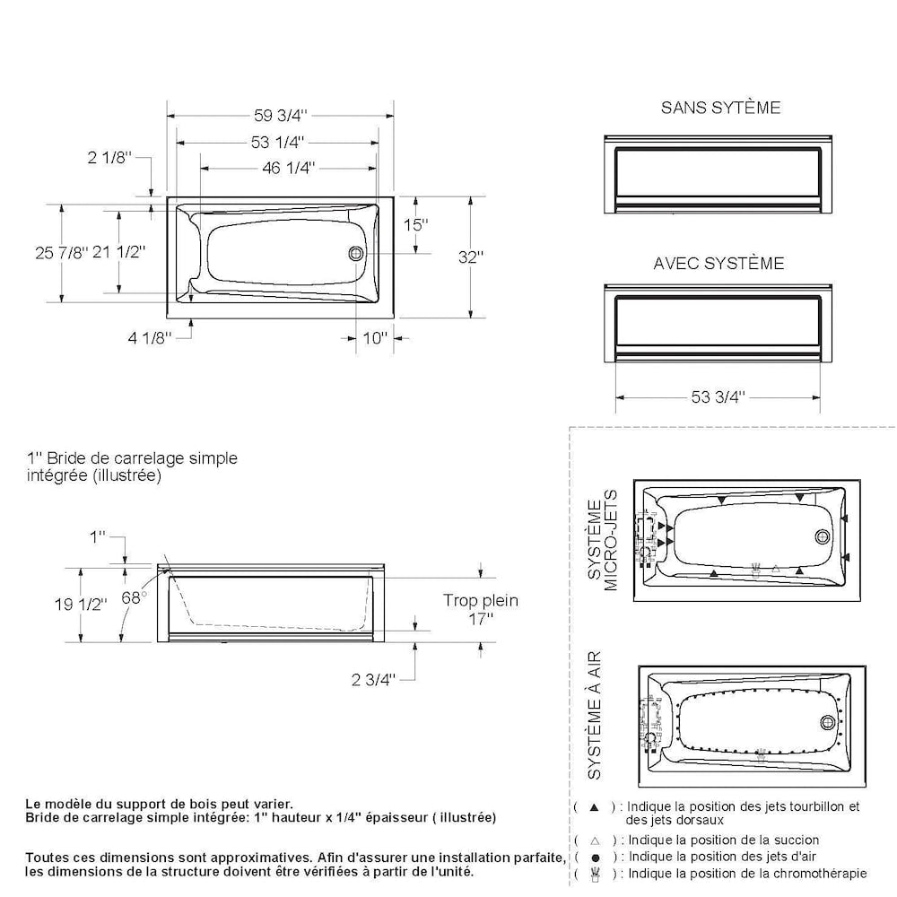 Baignoire en alcôve rectangulaire en acrylique New Town IFS 60L x 32W x 20H, drain à gauche, en blanc avec profondeur de trempage de 12 3/8 pouces