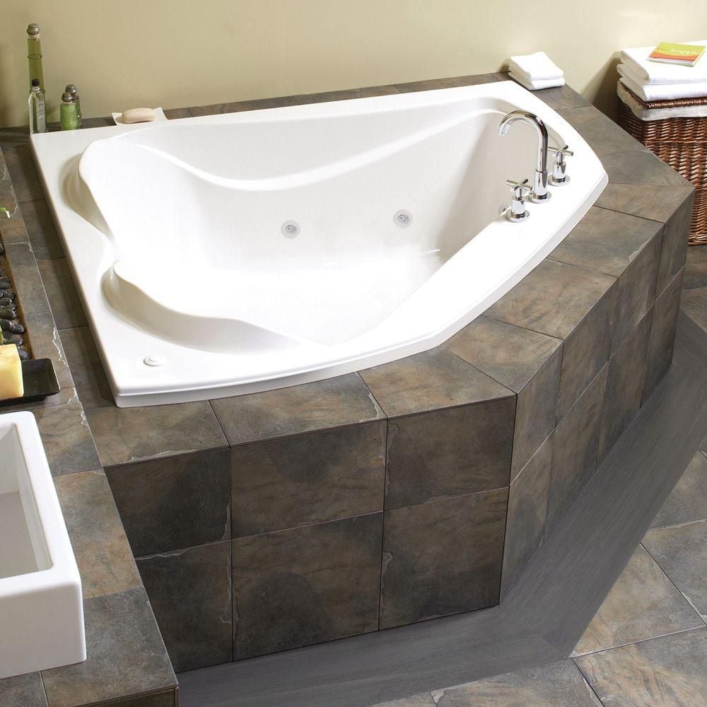 Cocoon 60L x 54W x 21H Acrylic Corner Bathtub, Centre Drain, in White with 15-inch Soaking Depth with Aerosens Whirlpool