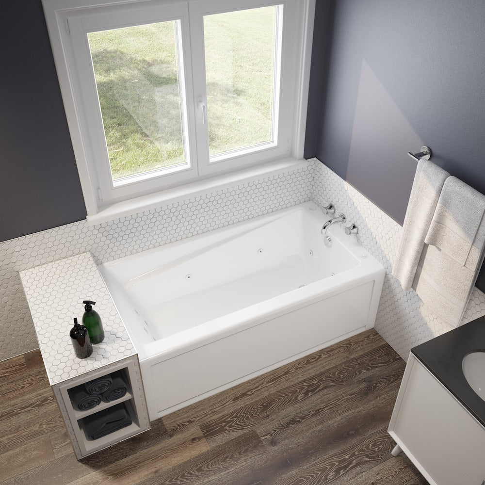 Baignoire en alcôve rectangulaire en acrylique New Town IFS 60L x 32W x 20H, drain à droite, en blanc avec bain à remous 10 microjets