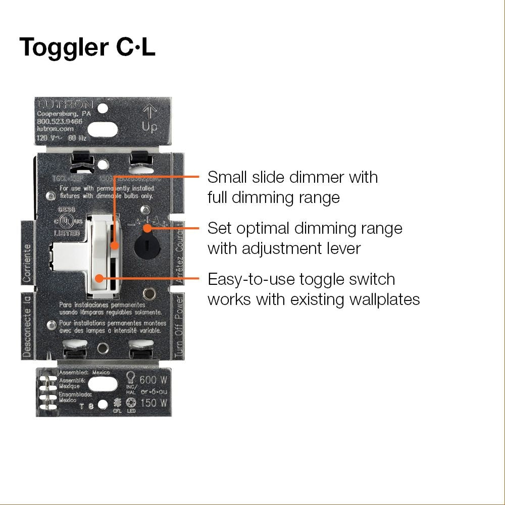 Interrupteur variateur Toggler LED+ pour ampoules LED/halogènes/à incandescence à intensité variable, SP ou 3 voies, blanc