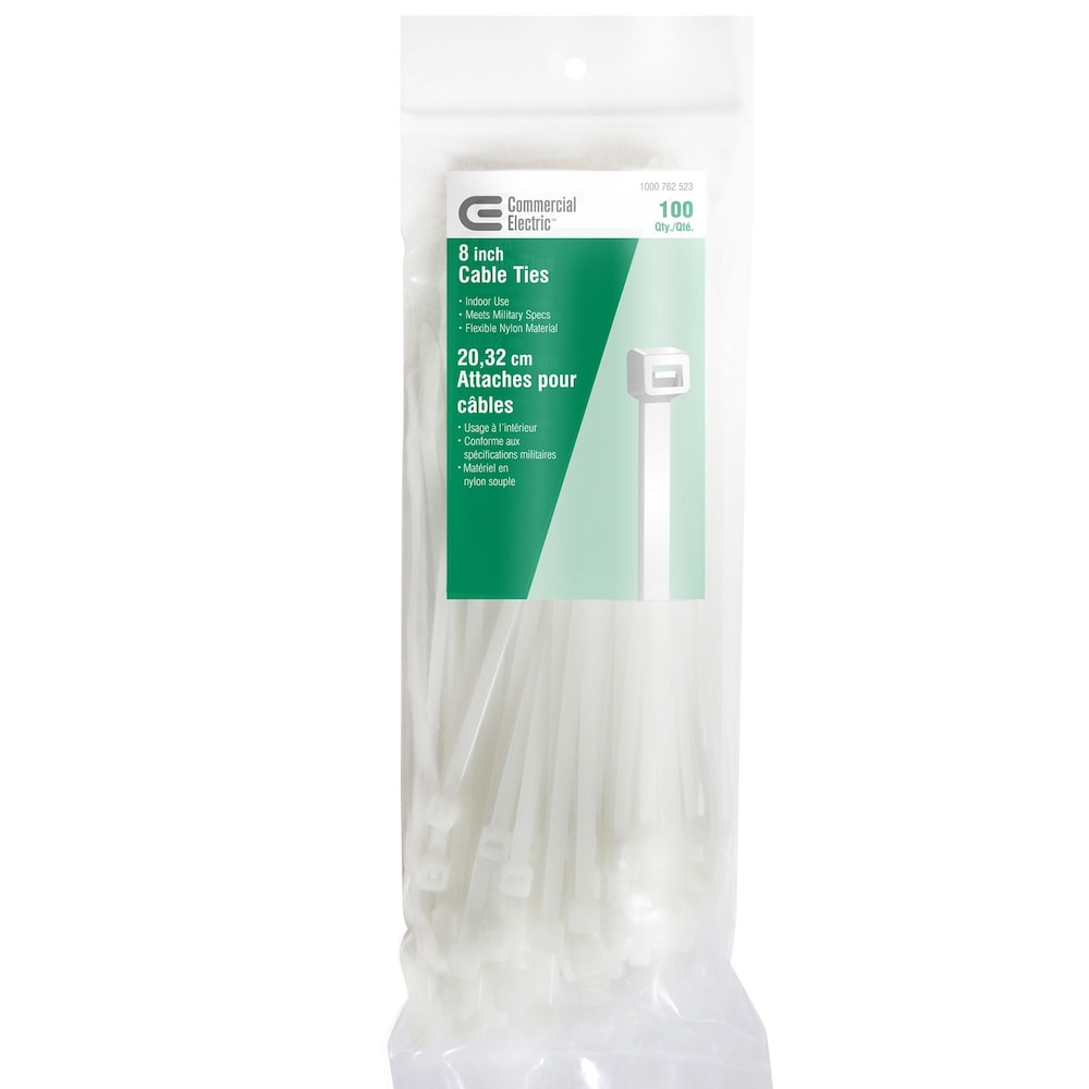 Colliers de serrage de 8 pouces en nylon pour utilisation en intérieur - Blanc (paquet de 100)