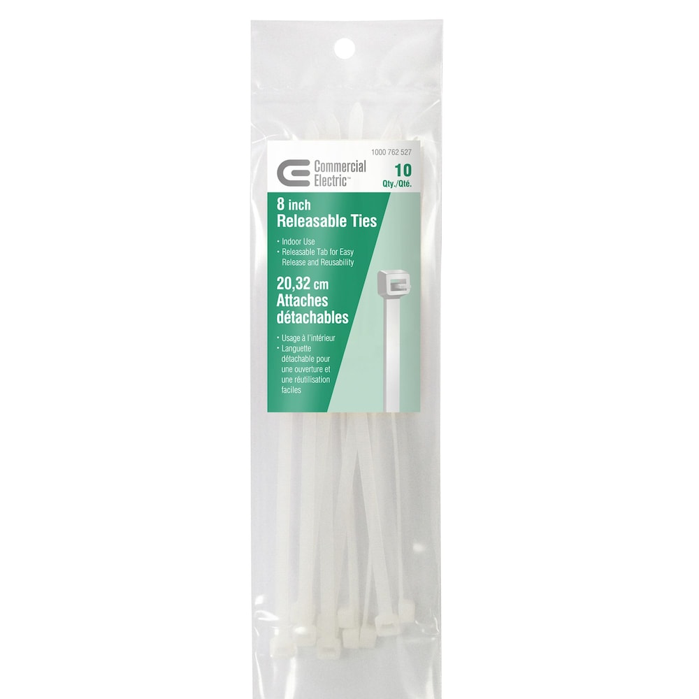Attaches de câble libérables de 8 pouces en nylon - Blanc (paquet de 10)