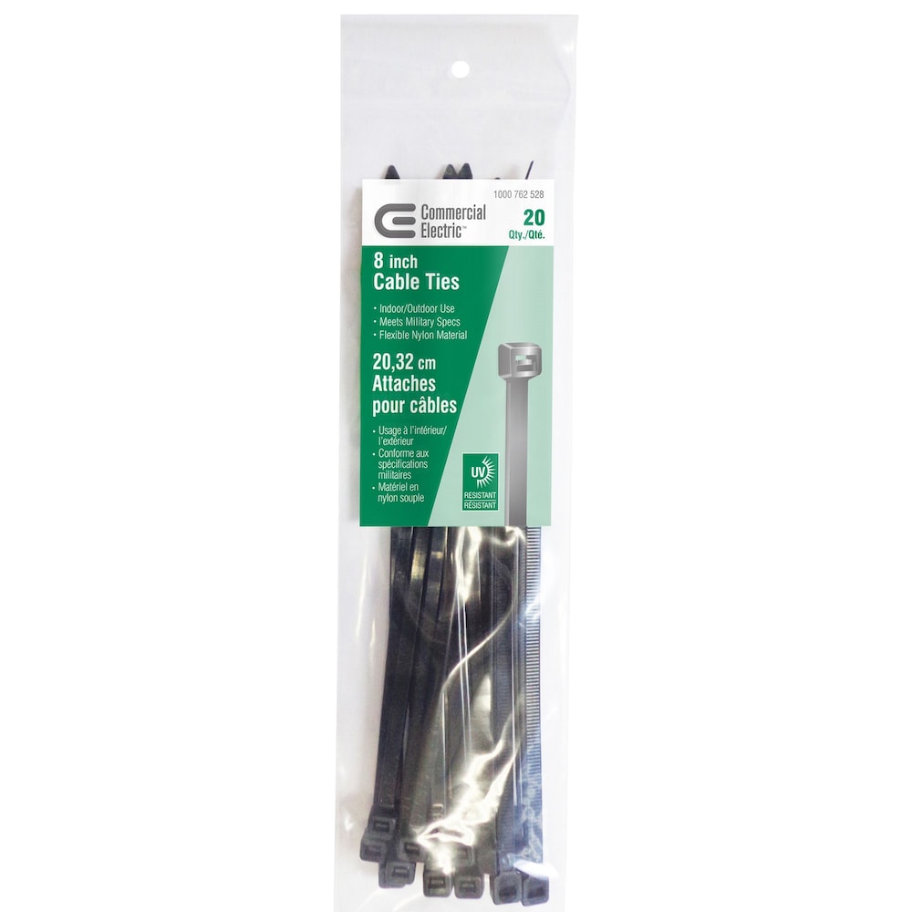 Colliers de serrage de 8 pouces pour utilisation intérieure/extérieure, matériau en nylon résistant aux UV - Noir (paquet de 20)