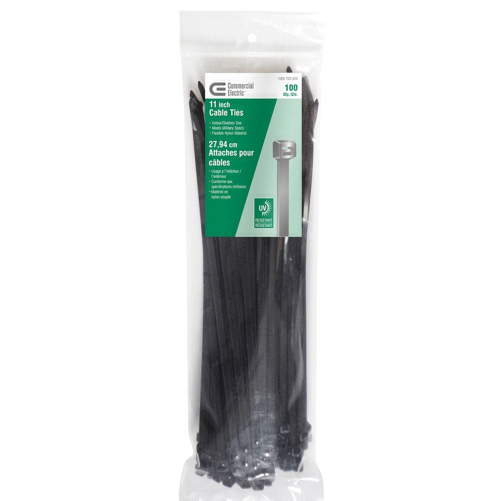 Attaches de câble de 11 pouces, utilisation intérieure/extérieure, matériau en nylon résistant aux UV - noir (paquet de 100)