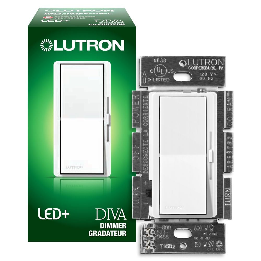 Variateur d'intensité Diva LED+ pour ampoules LED/halogènes/à incandescence à intensité variable, unipolaire ou à 3 voies, en blanc