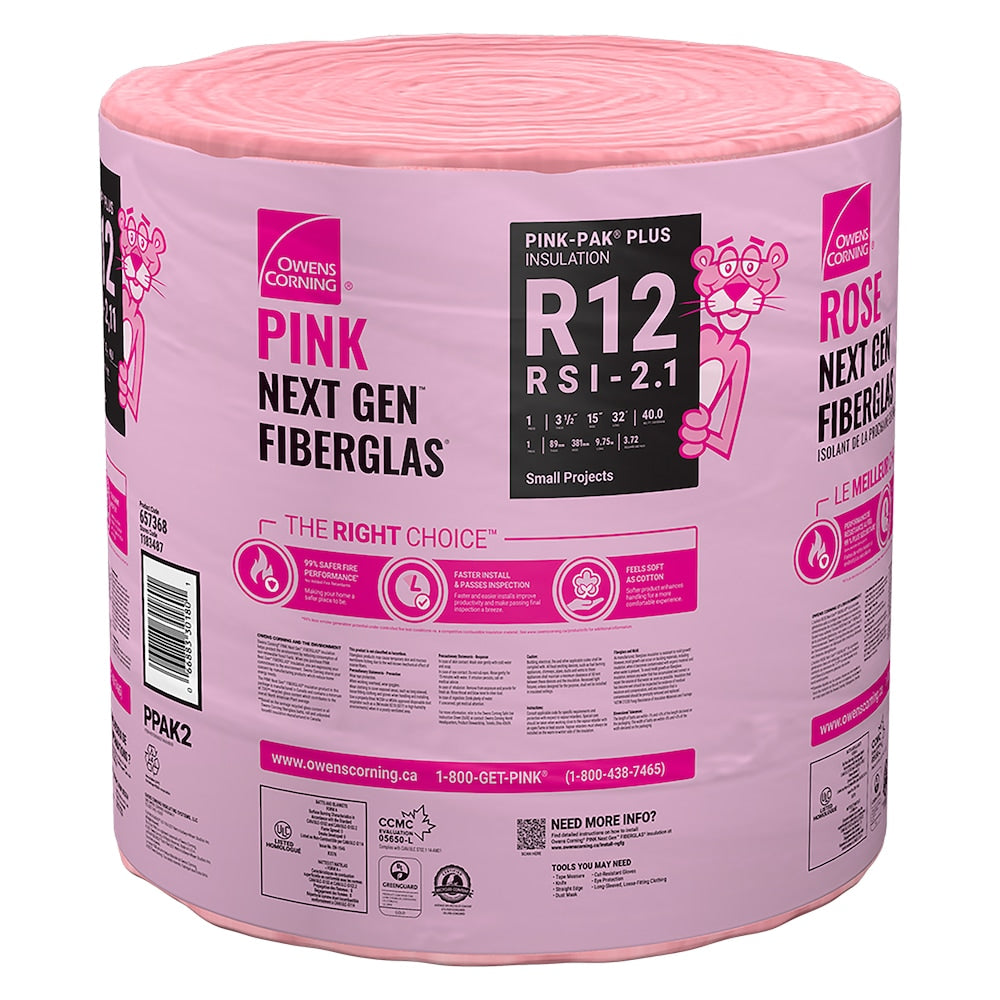 Isolant R-12 PINK-PAK PLUS ROSE FIBERGLAS 15 pouces. x 32 pieds. x 3,5 pouces (40 pieds carrés)