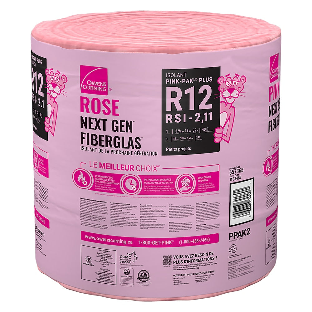 Isolant R-12 PINK-PAK PLUS ROSE FIBERGLAS 15 pouces. x 32 pieds. x 3,5 pouces (40 pieds carrés)