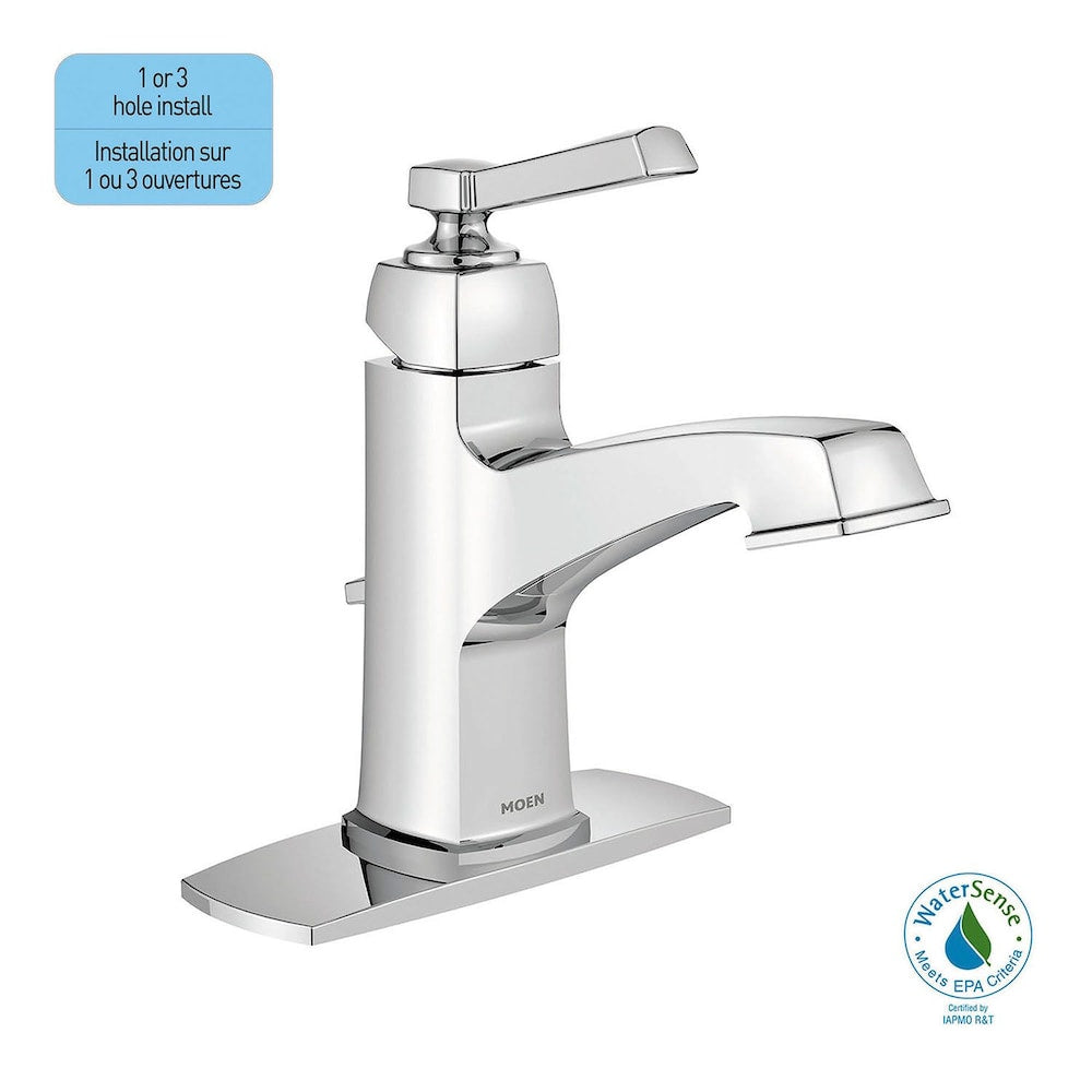Robinet de lavabo de salle de bain à poignée unique de 4 pouces avec plaque de pont en chrome (vidange et valve incluses)