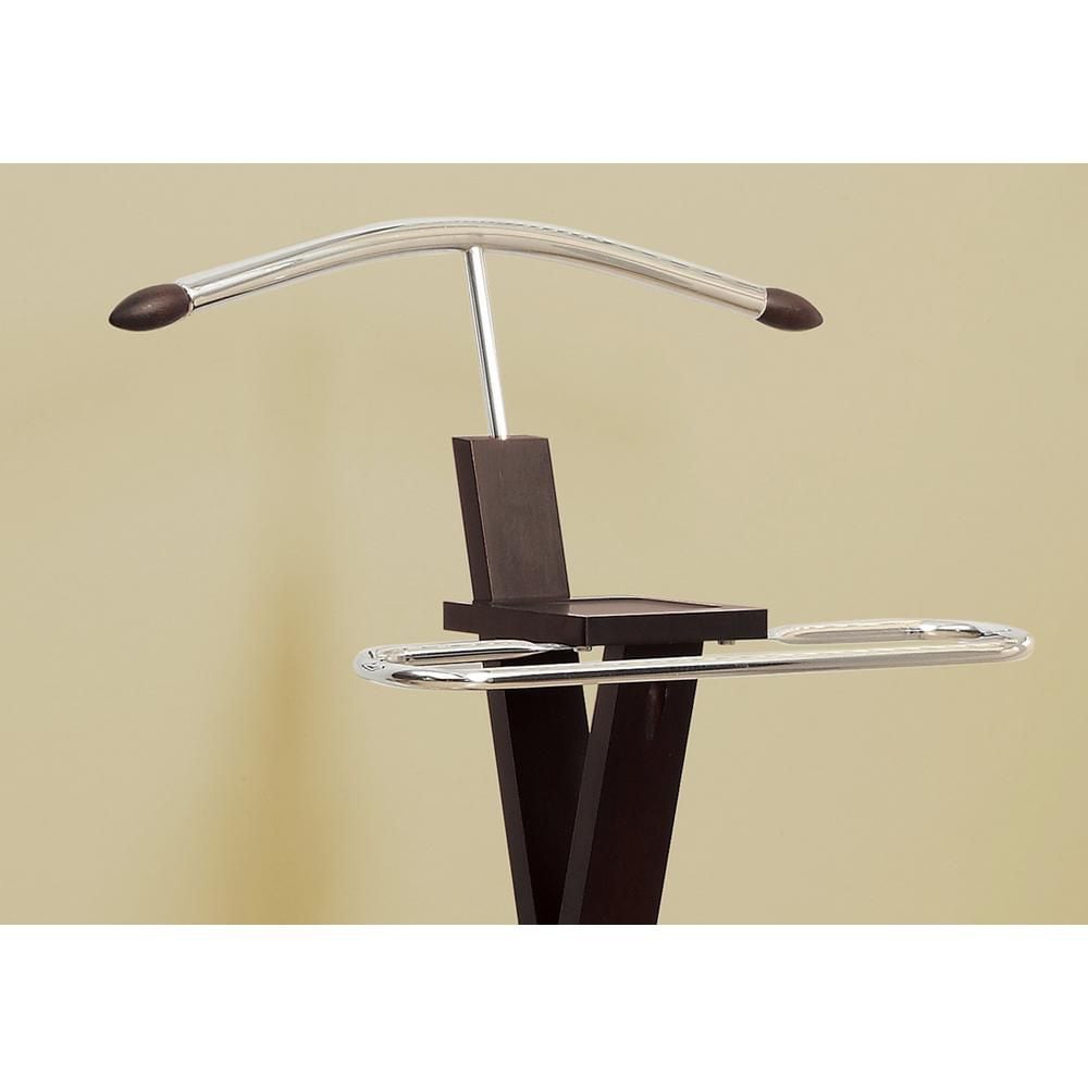 Valet de nuit, organisateur, porte-costumes, chambre à coucher, bois, métal, marron, chrome, contemporain, moderne