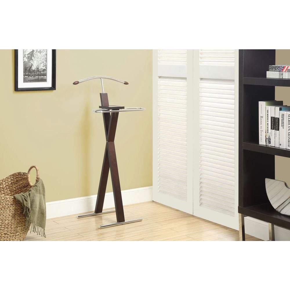 Valet de nuit, organisateur, porte-costumes, chambre à coucher, bois, métal, marron, chrome, contemporain, moderne