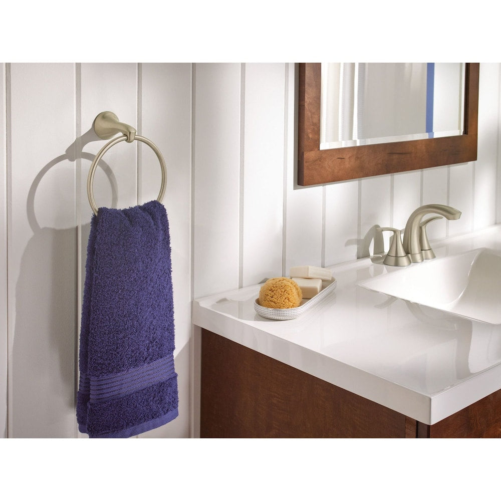 Robinet de lavabo de salle de bain central Darcy à 2 poignées de 4 pouces en nickel brossé résistant aux taches (drain et valve inclus)