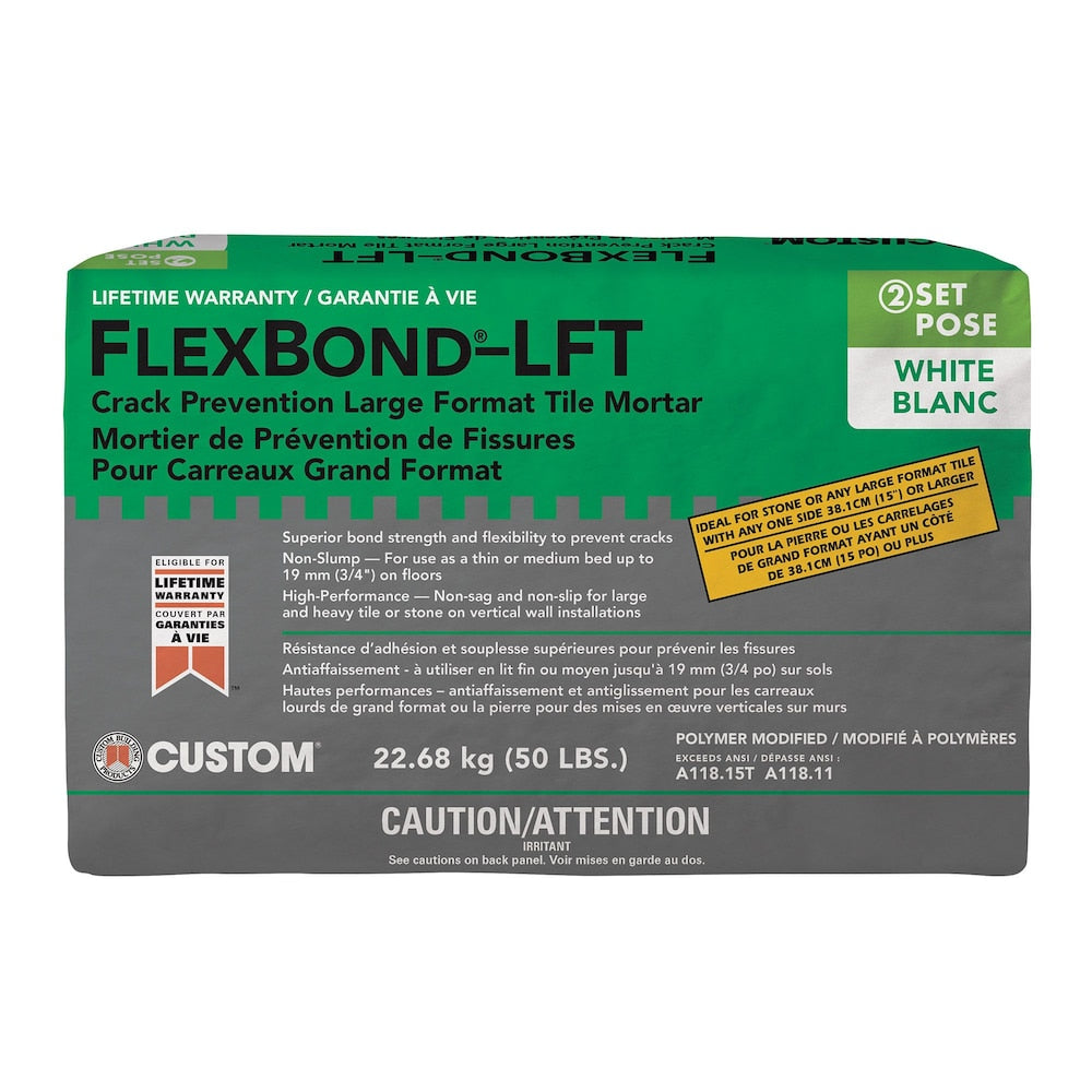 Mortier pour carrelage grand format FlexBond-LFT 50 lb, blanc, de qualité supérieure, pour la prévention des fissures à lit moyen
