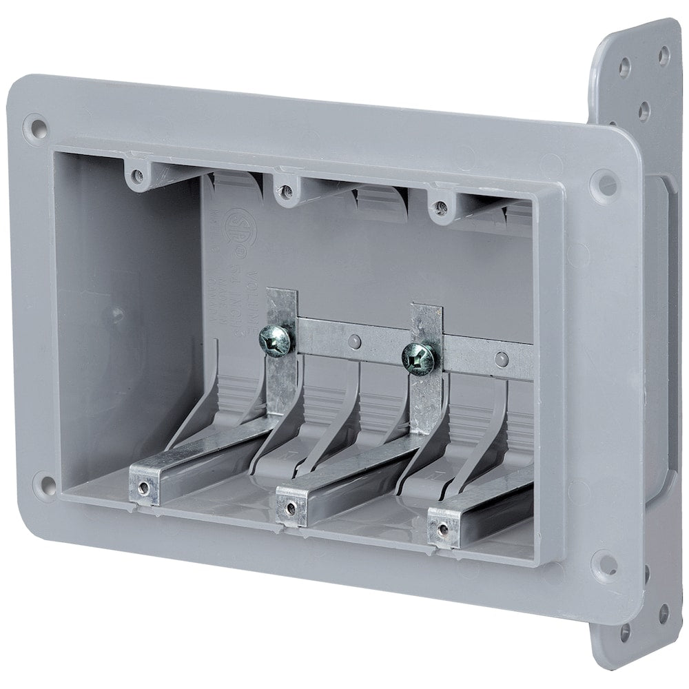Three-gang device box with integrated bracket