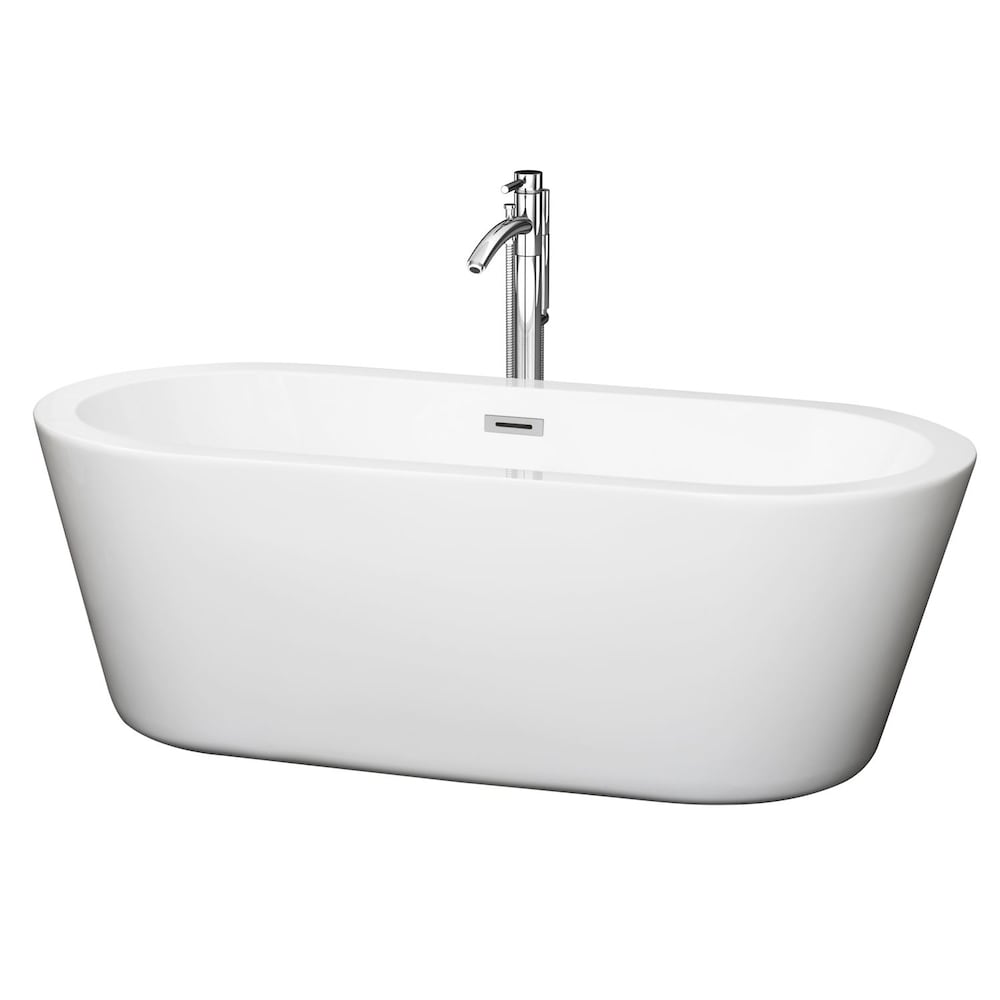 Baignoire profonde Mermaid de 5 pi 7 po avec drain central et robinet monté au sol en chrome