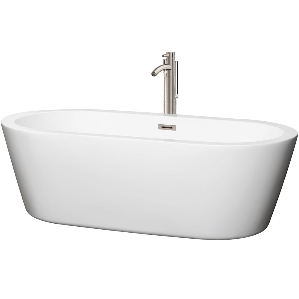 Mermaid 5 Feet 11-Inch Soaker Bathtub with Centre Drain and Floor Mounted Faucet in Brushed Nickel
