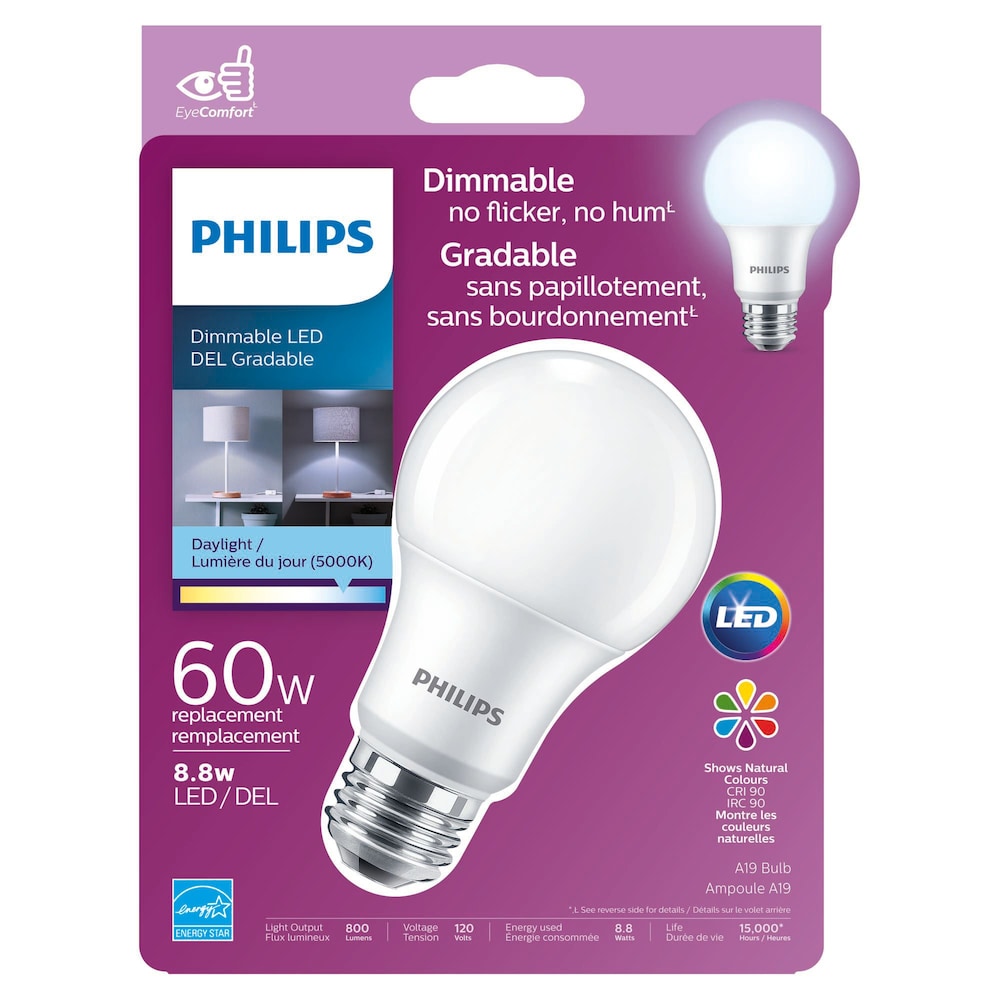 LED A19 E26 60W Equivalent A-Line Energy Saving Light Bulb, Dimmable Daylight (5000K)