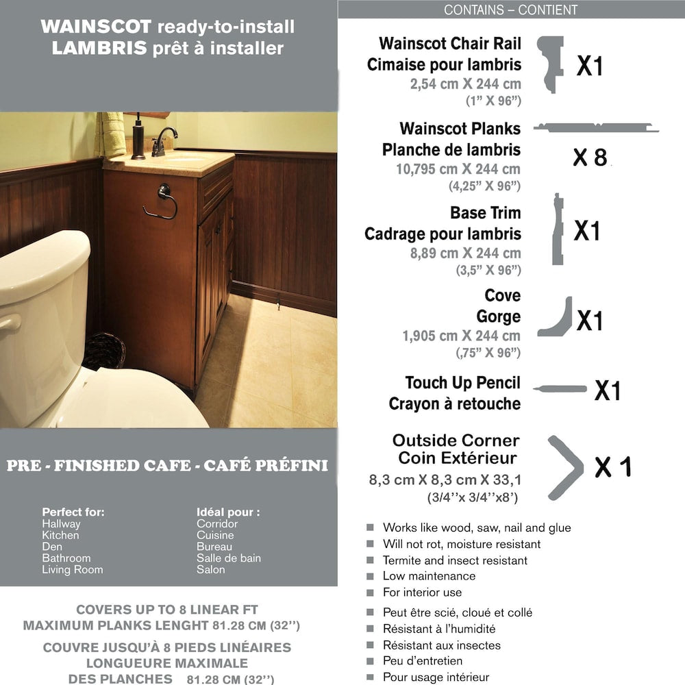 Wainscot kit prefinished ready to install Fauxwood Cafe. Up to 8 linear ft when cut at 36in high.