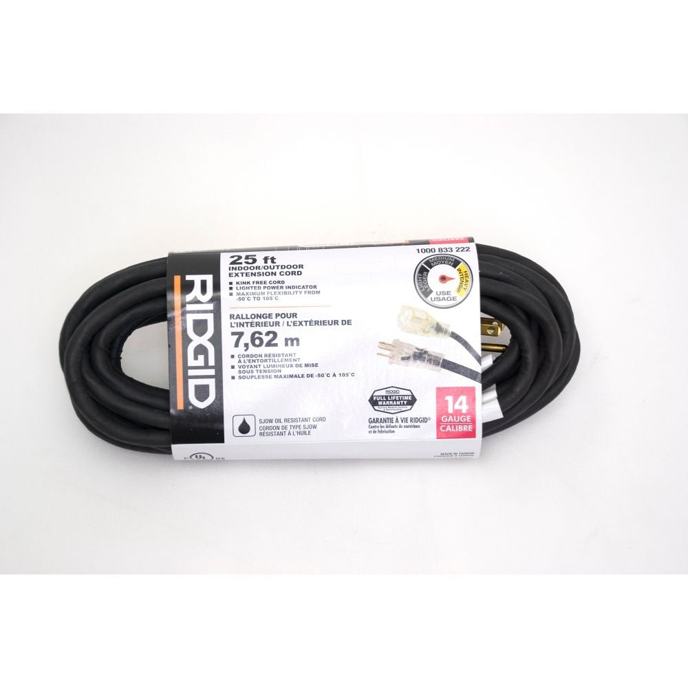 14Ga. Heavy Duty Rubber Extension Cord 25Ft Lighted Single End (Sjow)