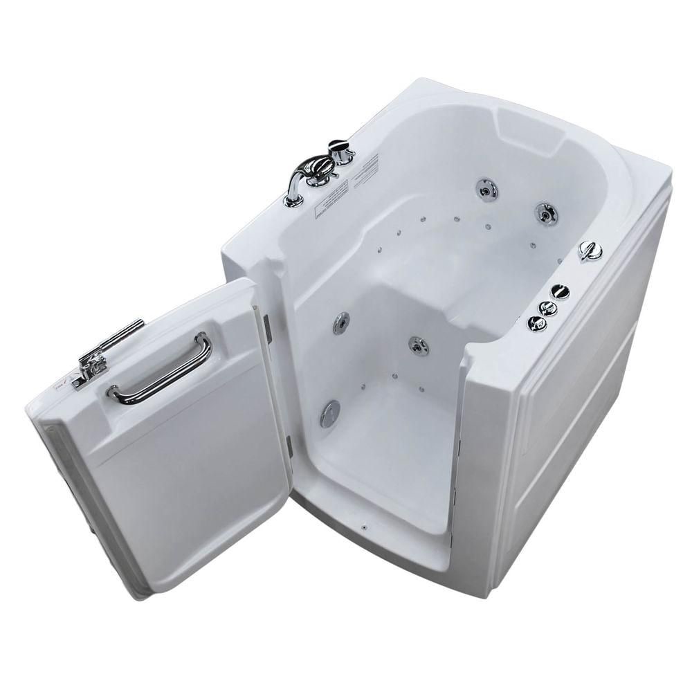 Baignoire balnéo et à air de plain-pied avec drain à droite de 3 pi 2 po en blanc