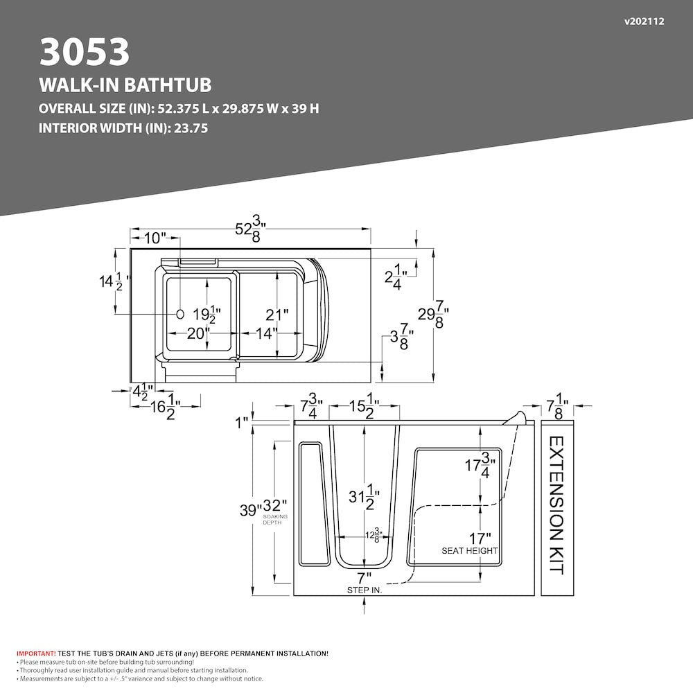 53 in. Left Drain Quick Fill Walk-In Whirlpool Bath Tub with Powered Fast Drain in White