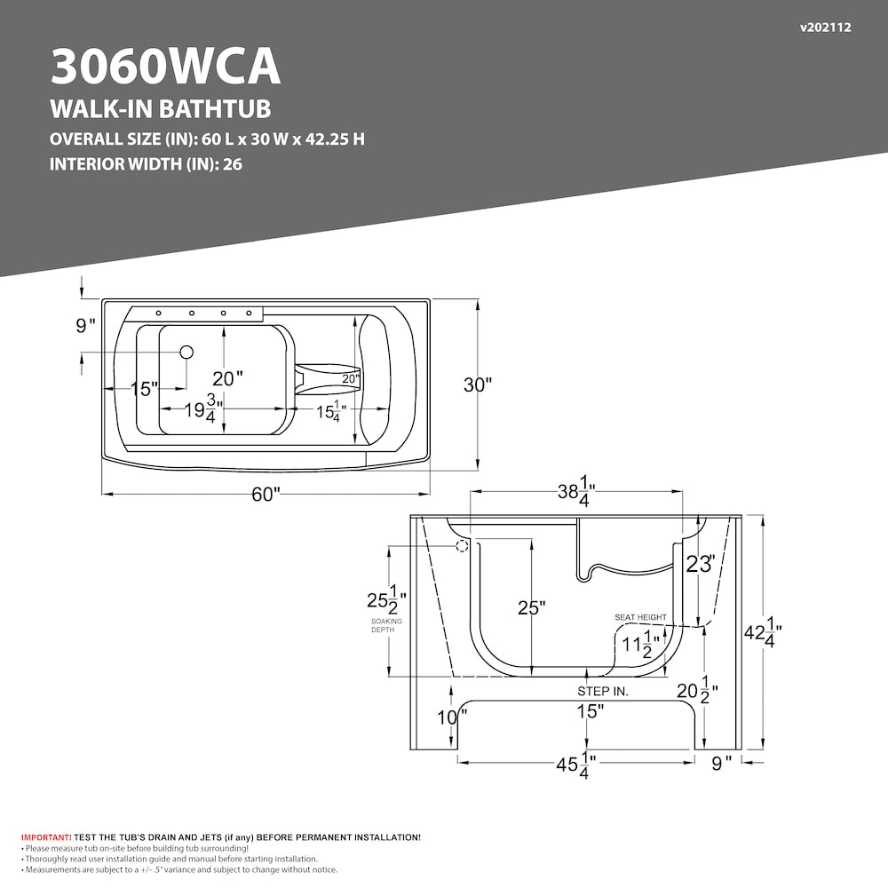 5 Ft. Wheelchair Accessible Left Drain Walk-In Whirlpool Bathtub in White
