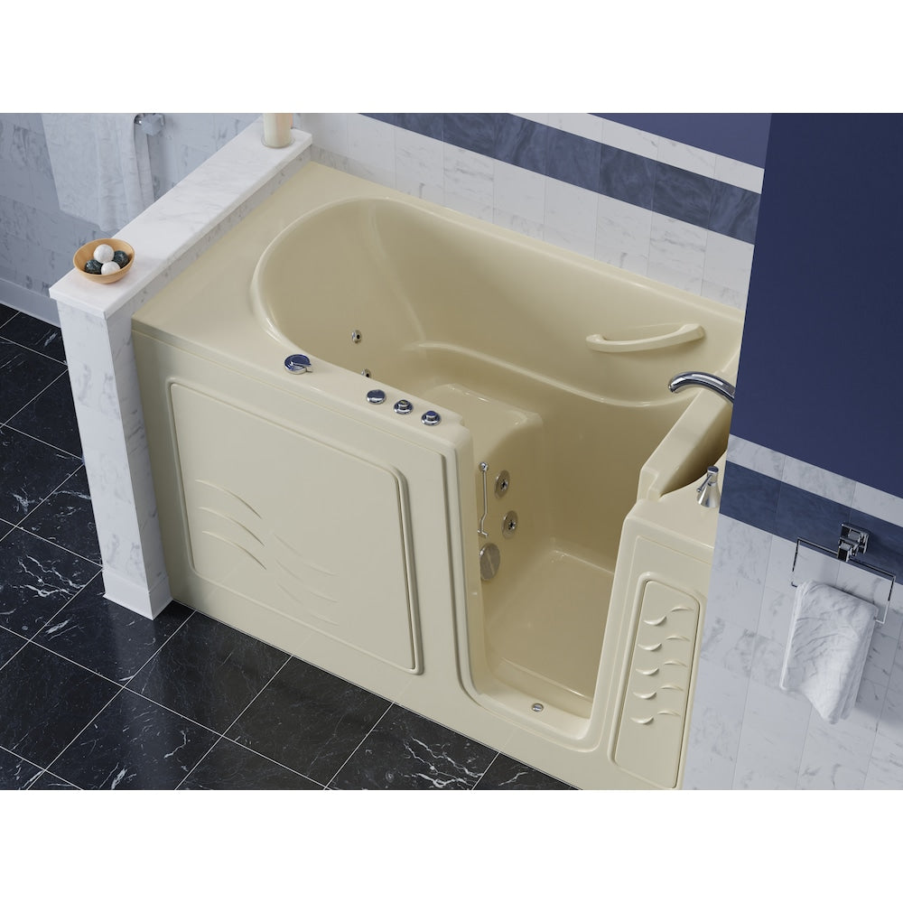 Baignoire balnéo à accès direct en alcôve de 5 pi avec drain à droite et chromothérapie à ouverture vers l'extérieur en biscuit