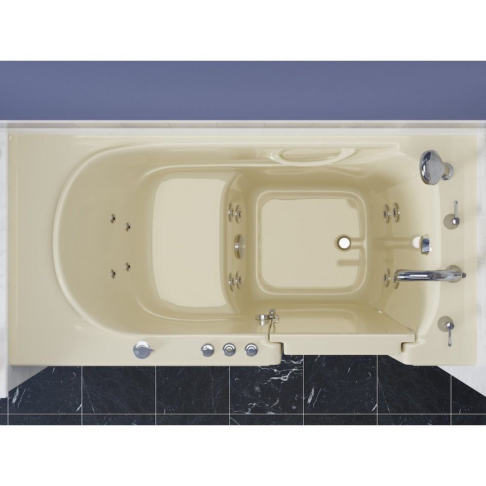 Baignoire balnéo à accès direct en alcôve de 5 pi avec drain à droite et chromothérapie à ouverture vers l'extérieur en biscuit