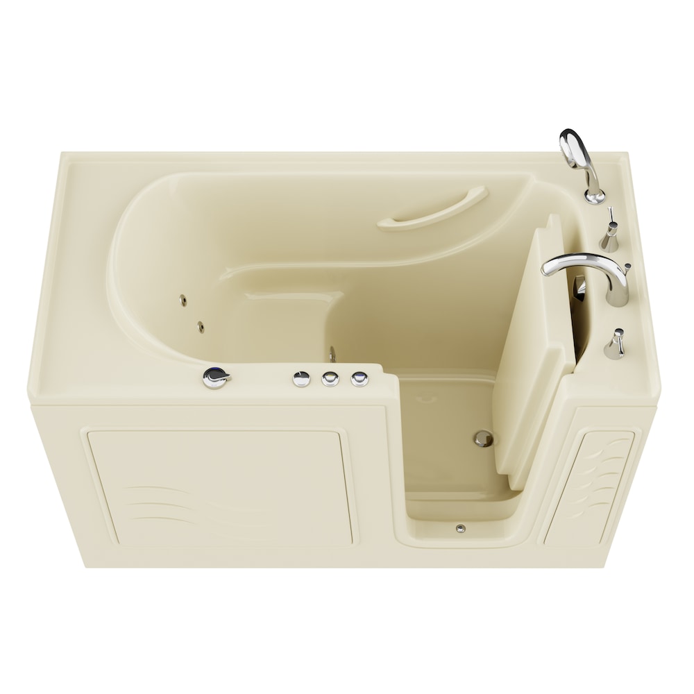 Baignoire balnéo à accès direct en alcôve de 5 pi avec drain à droite et chromothérapie à ouverture vers l'extérieur en biscuit