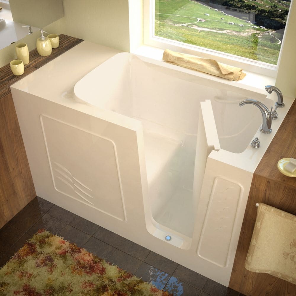 Baignoire à accès direct en alcôve de 5 pi avec drain à droite et barre d'appui pivotante vers l'extérieur en biscuit