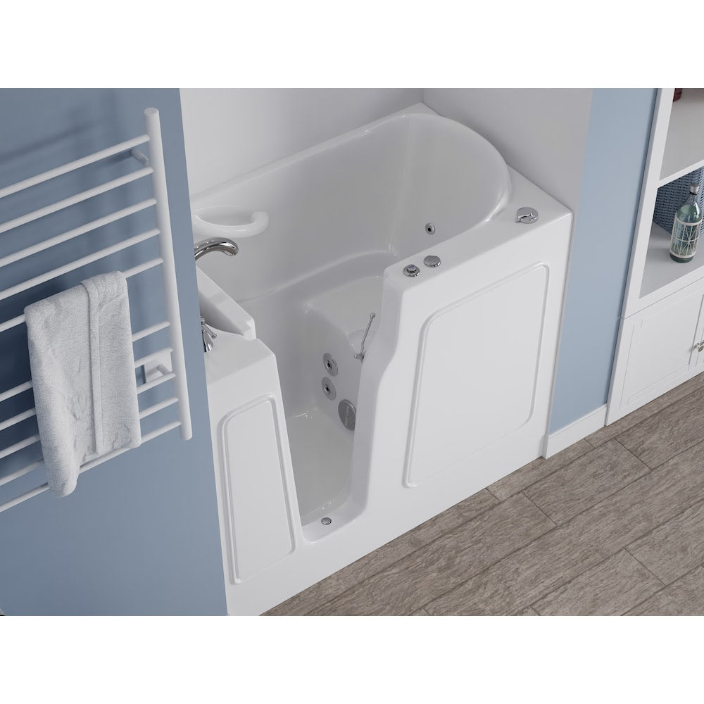 Baignoire balnéo à accès direct de 3 pi 9 po avec drain à gauche en blanc et siège de bain moulé conforme à l'ADA