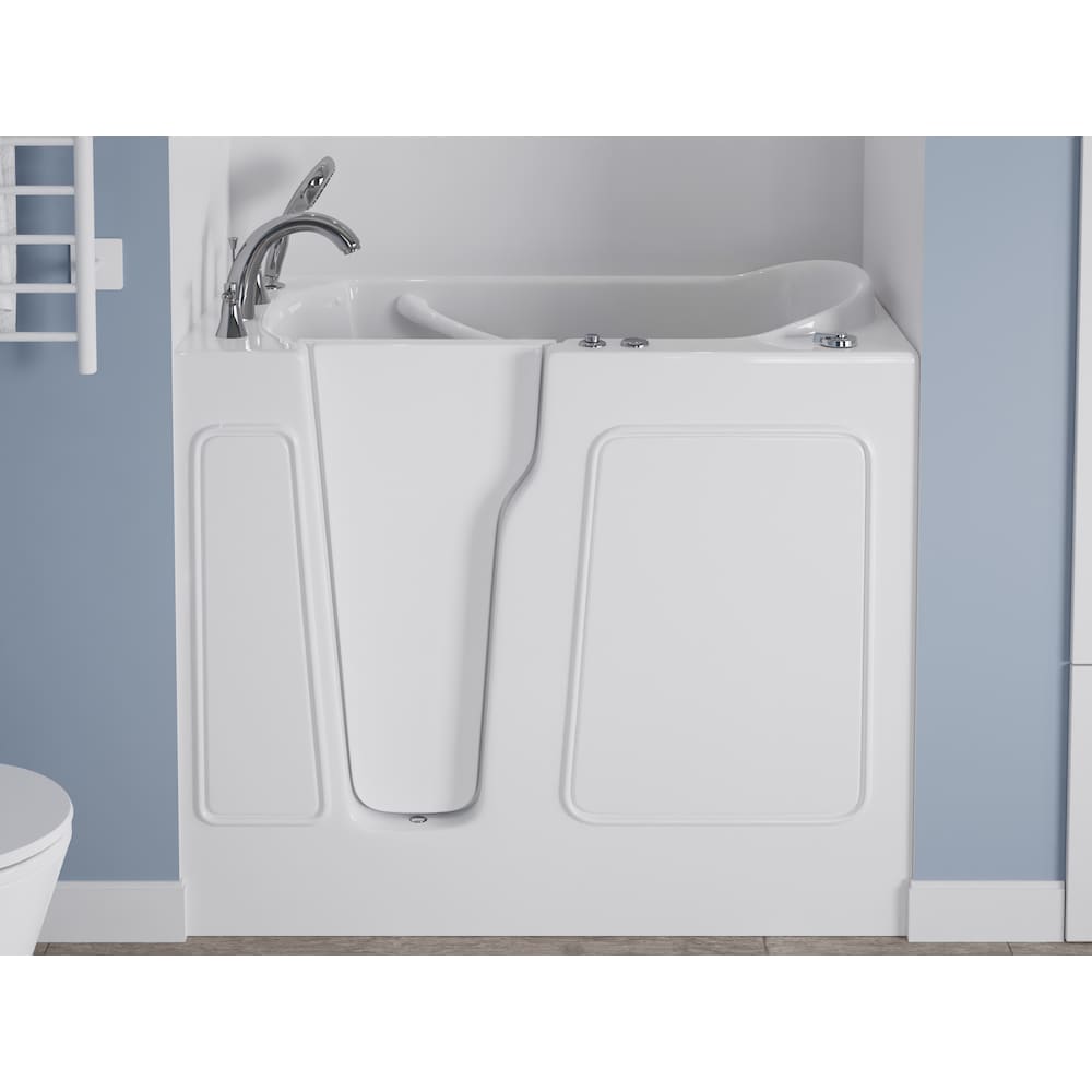 Baignoire balnéo à accès direct de 3 pi 9 po avec drain à gauche en blanc et siège de bain moulé conforme à l'ADA