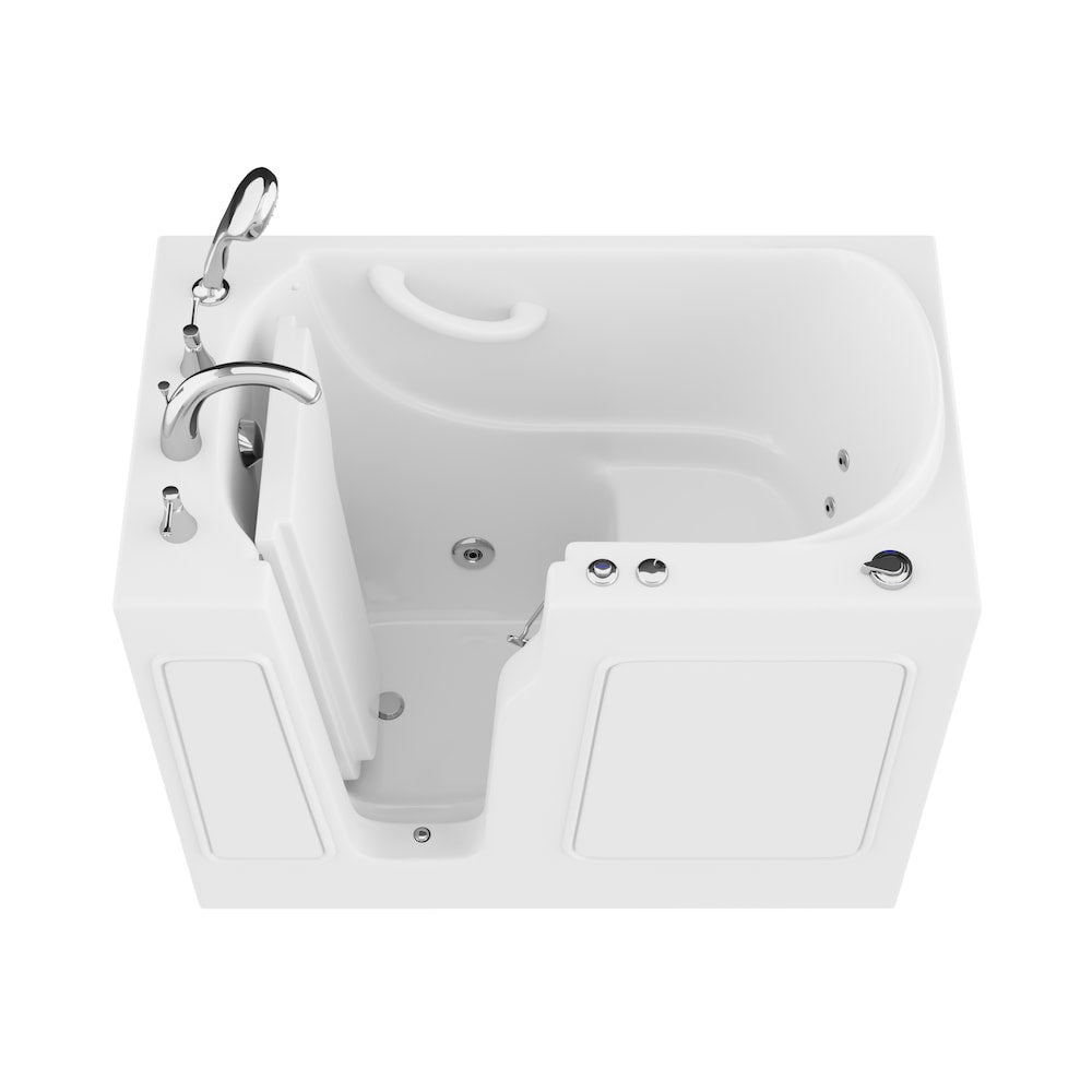 Baignoire balnéo à accès direct de 3 pi 9 po avec drain à gauche en blanc et siège de bain moulé conforme à l'ADA