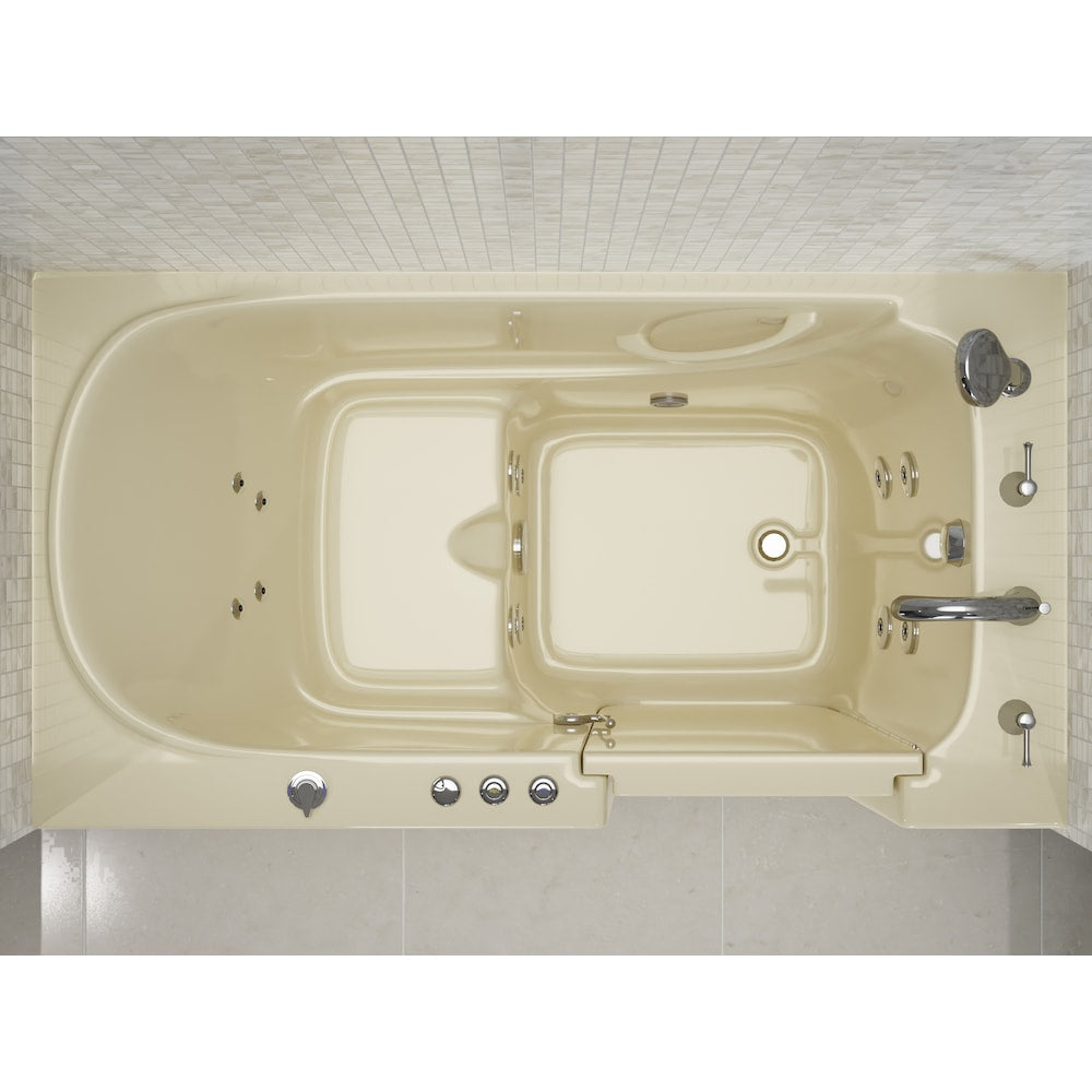 Baignoire balnéo à accès direct en alcôve de 5 pi avec drain à droite et chromothérapie pivotante vers l'extérieur en biscuit