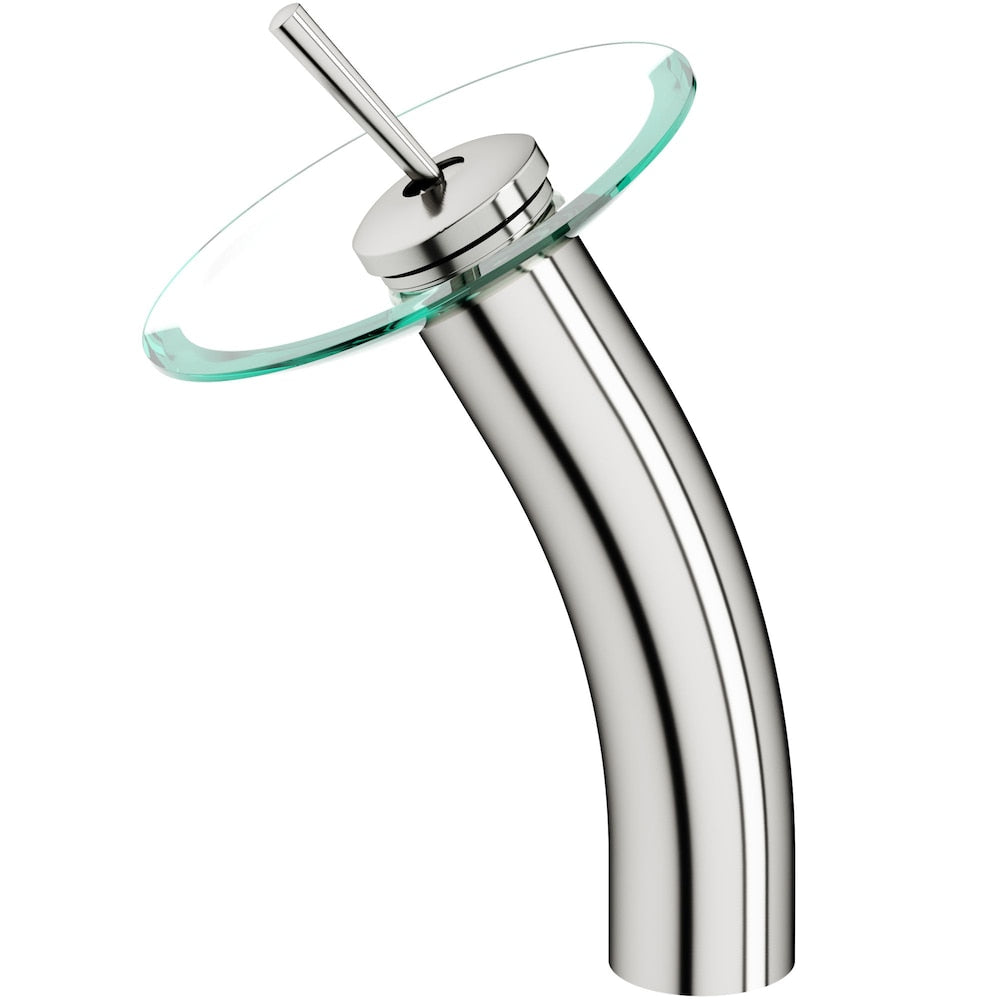 Robinet de salle de bain cascade à poignée unique et trou unique en nickel brossé