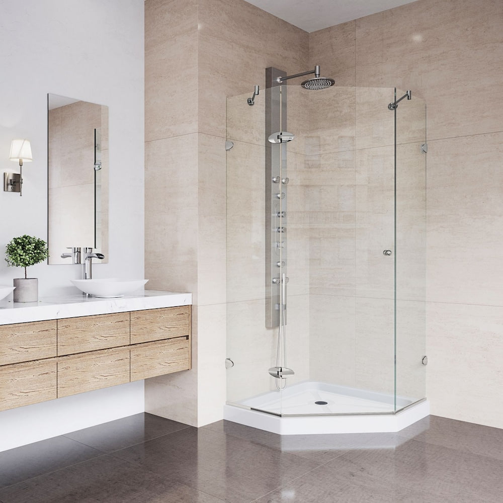 Ensemble de cabine de douche néo-angle à charnières sans cadre Verona 42 po P x 42 po L x 77 po H en nickel brossé avec verre transparent