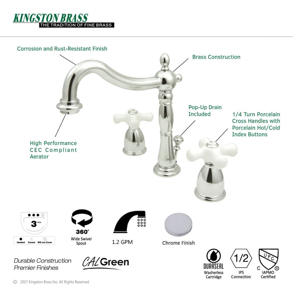 Robinet de salle de bain à arc élevé à 2 poignées (8 pouces) de style victorien en chrome avec poignées croisées