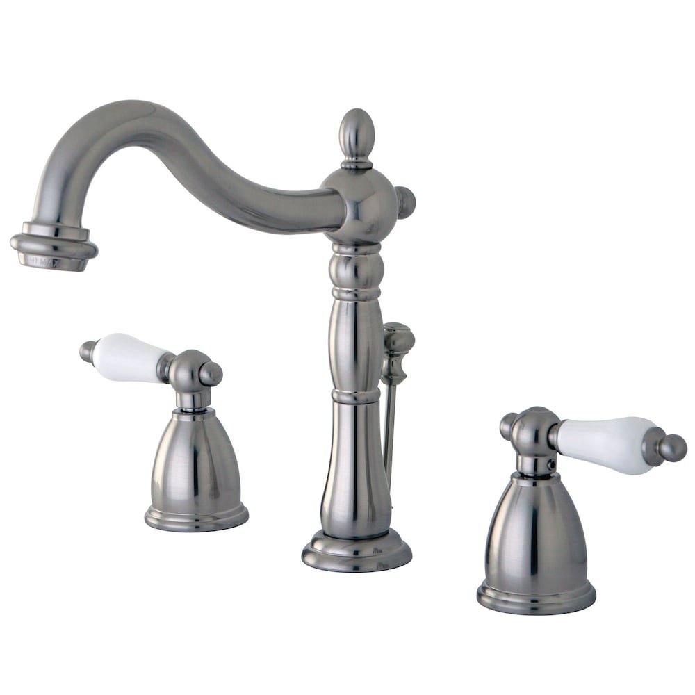 Victorian Widespread (8-inch) 2-Handle High Arc Bathroom Faucet in Satin Nickel with Lever Handles