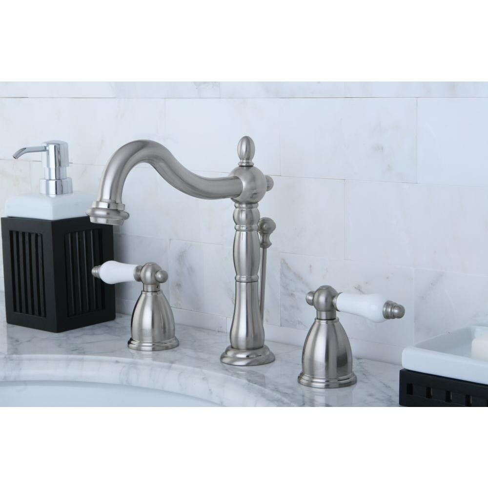 Victorian Widespread (8-inch) 2-Handle High Arc Bathroom Faucet in Satin Nickel with Lever Handles