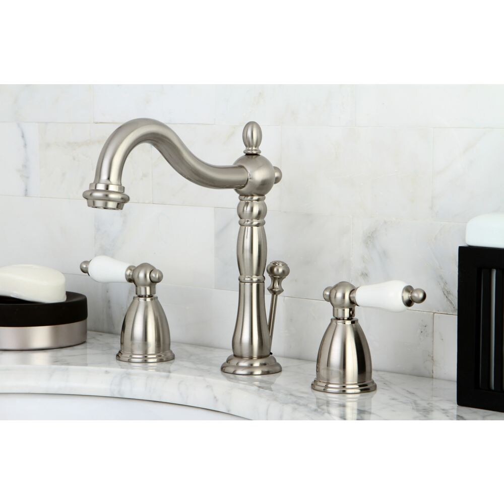 Victorian Widespread (8-inch) 2-Handle High Arc Bathroom Faucet in Satin Nickel with Lever Handles